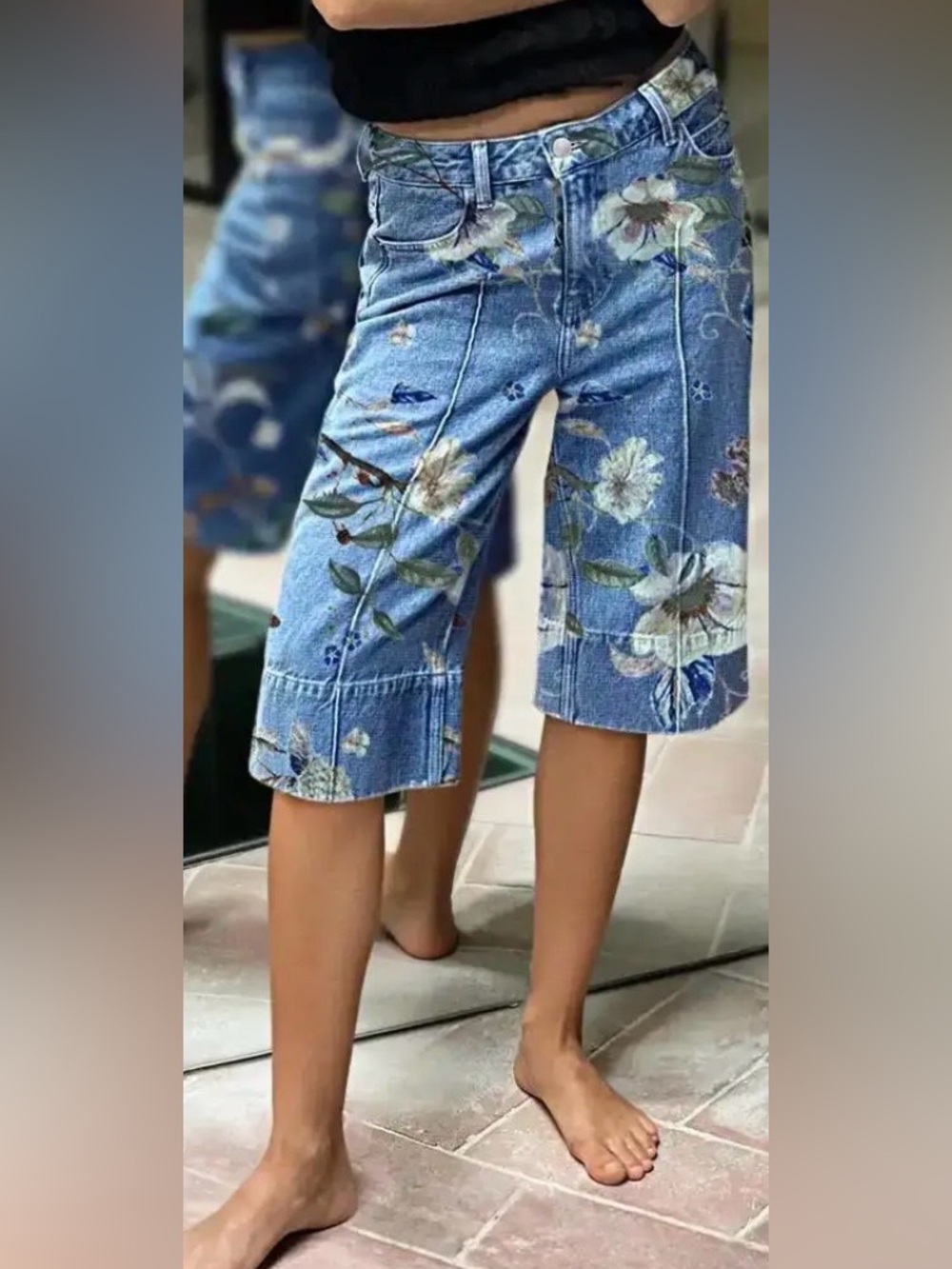 Flamingals Floral Print Seam Front Mid Waist Denim Bermuda Shorts